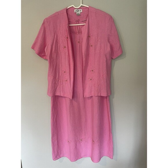 Vintage 2 Piece Linen Dress Set Sz L Dress With Short Sleeve Jacket Embroidered - Picture 1 of 16
